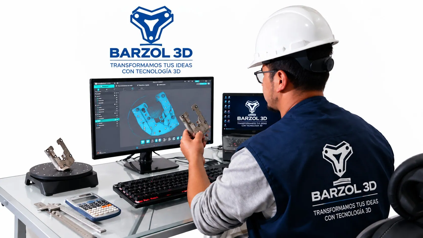 Ingeniero de Barzol comparando una pieza metálica con su modelo escaneado en 3D